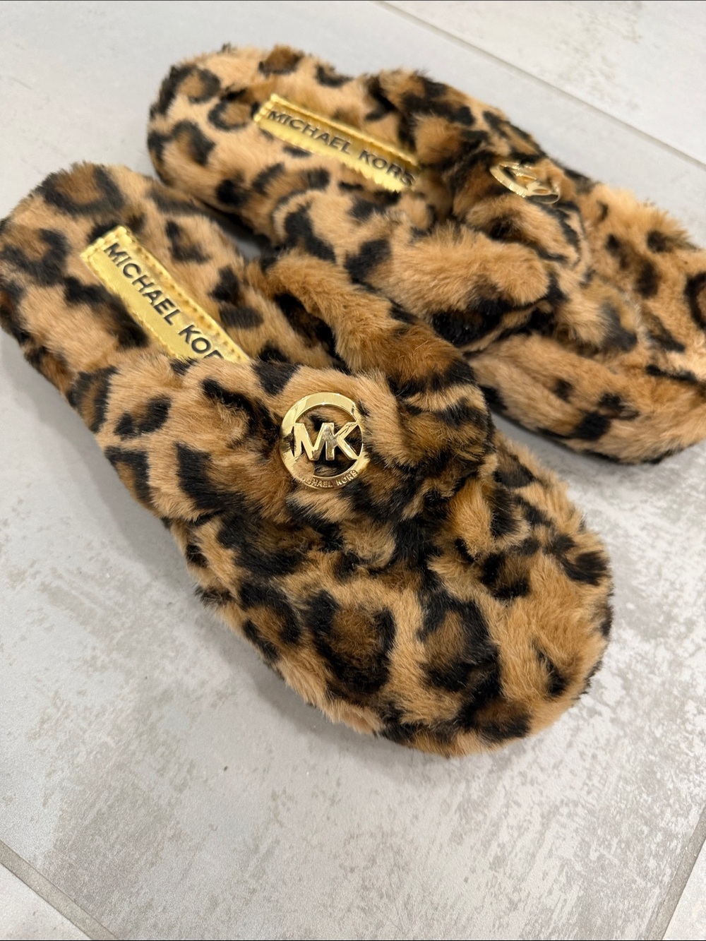Michael Kors Leopard-Print Faux Fur Sandals/Slippers with Gold MK Accent NWOT
